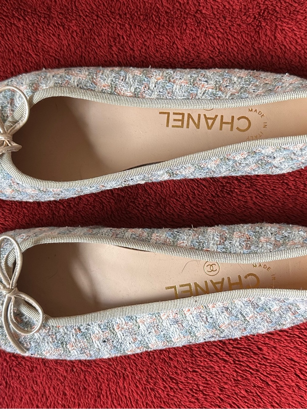 CHANEL Tweed Ballet Flats in Light Blue and Pale Pink